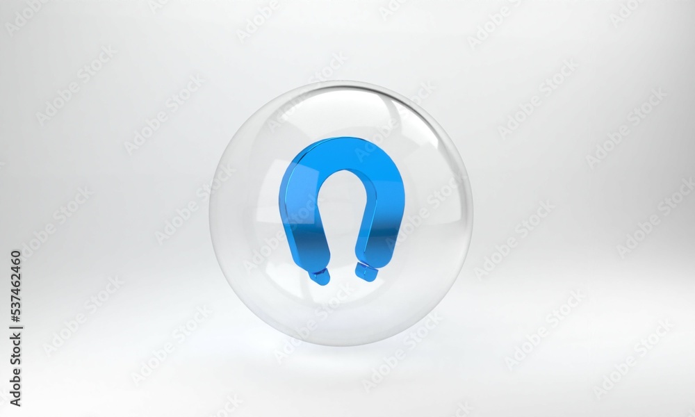 Blue Sausage icon isolated on grey background. Grilled sausage and aroma sign. Glass circle button. 