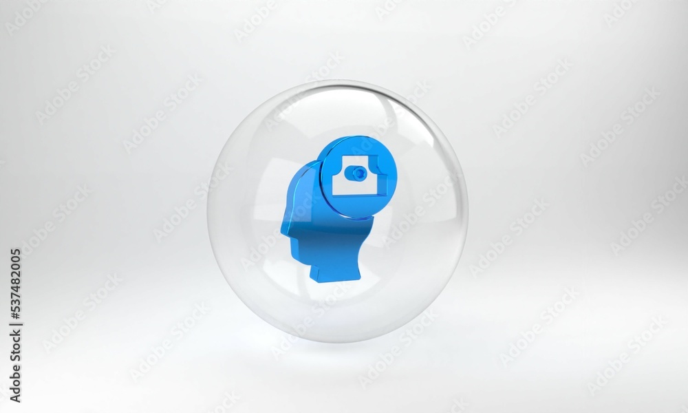 Blue Spray can nozzle cap icon isolated on grey background. Glass circle button. 3D render illustrat