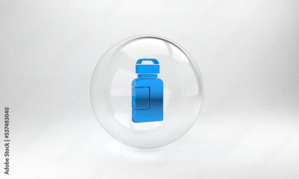 Blue Paint, gouache, jar, dye icon isolated on grey background. Glass circle button. 3D render illus