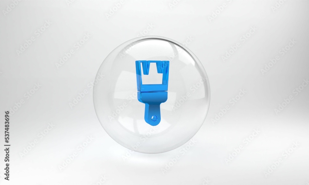 Blue Paint brush icon isolated on grey background. Glass circle button. 3D render illustration