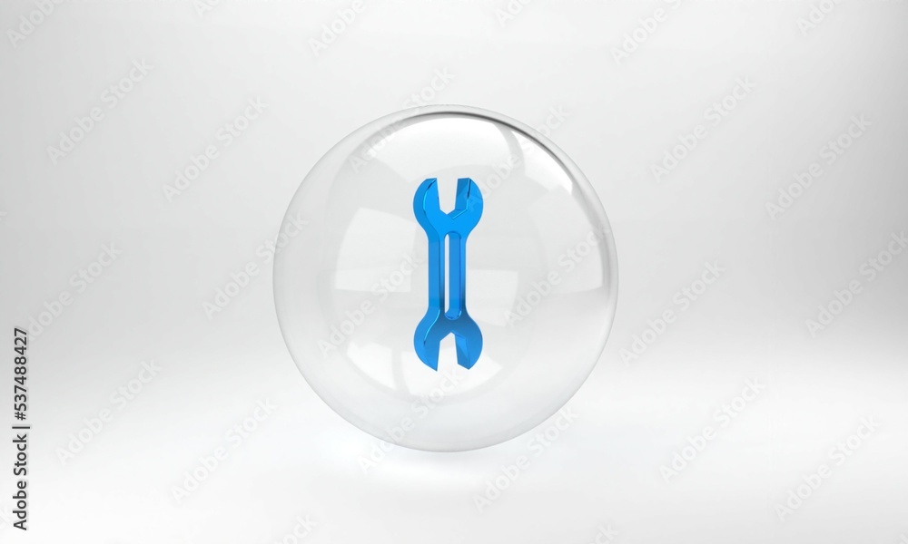 Blue Wrench spanner icon isolated on grey background. Glass circle button. 3D render illustration