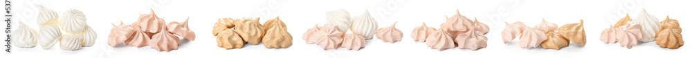 Collage of tasty meringues on white background