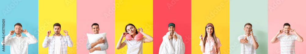 Group of people with earplugs on color background