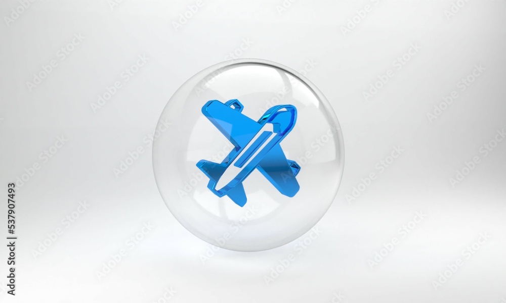 Blue Plane icon isolated on grey background. Flying airplane icon. Airliner sign. Glass circle butto