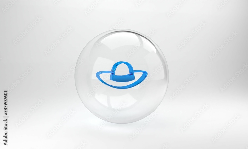 Blue Elegant women hat icon isolated on grey background. Glass circle button. 3D render illustration