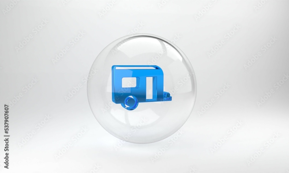 Blue Rv Camping trailer icon isolated on grey background. Travel mobile home, caravan, home camper f