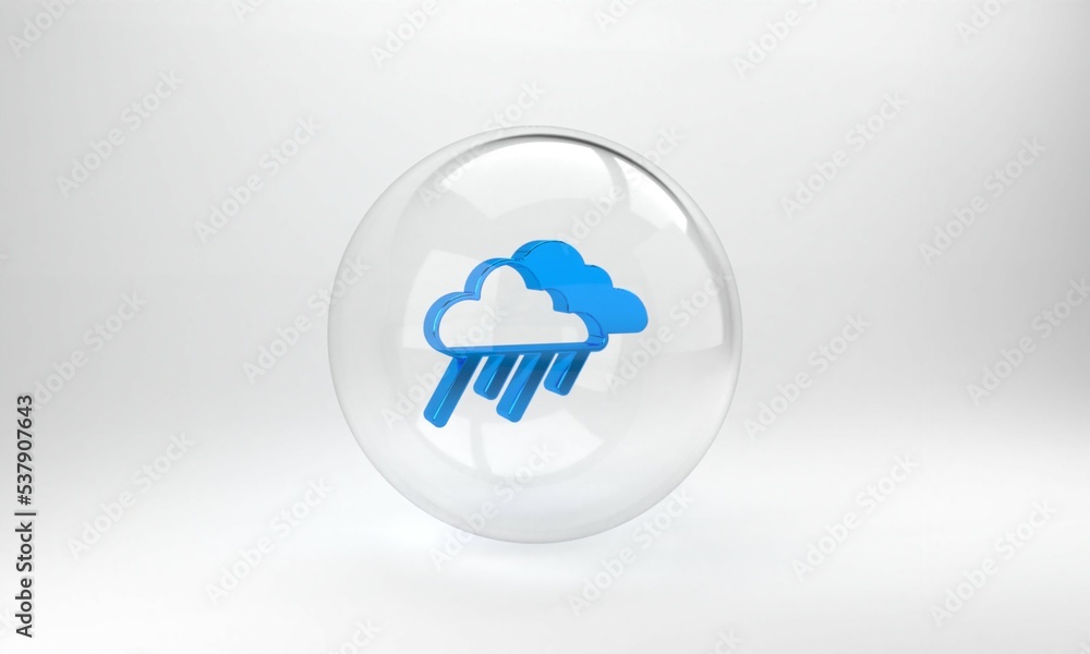 Blue Cloud with rain icon isolated on grey background. Rain cloud precipitation with rain drops. Gla