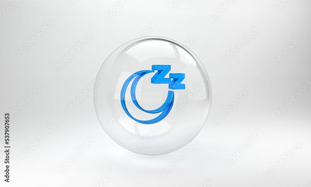 Blue Time to sleep icon isolated on grey background. Sleepy zzz. Healthy lifestyle. Glass circle but