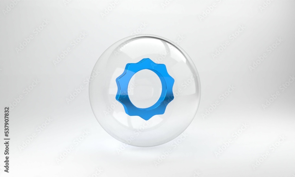 Blue Sun icon isolated on grey background. Glass circle button. 3D render illustration