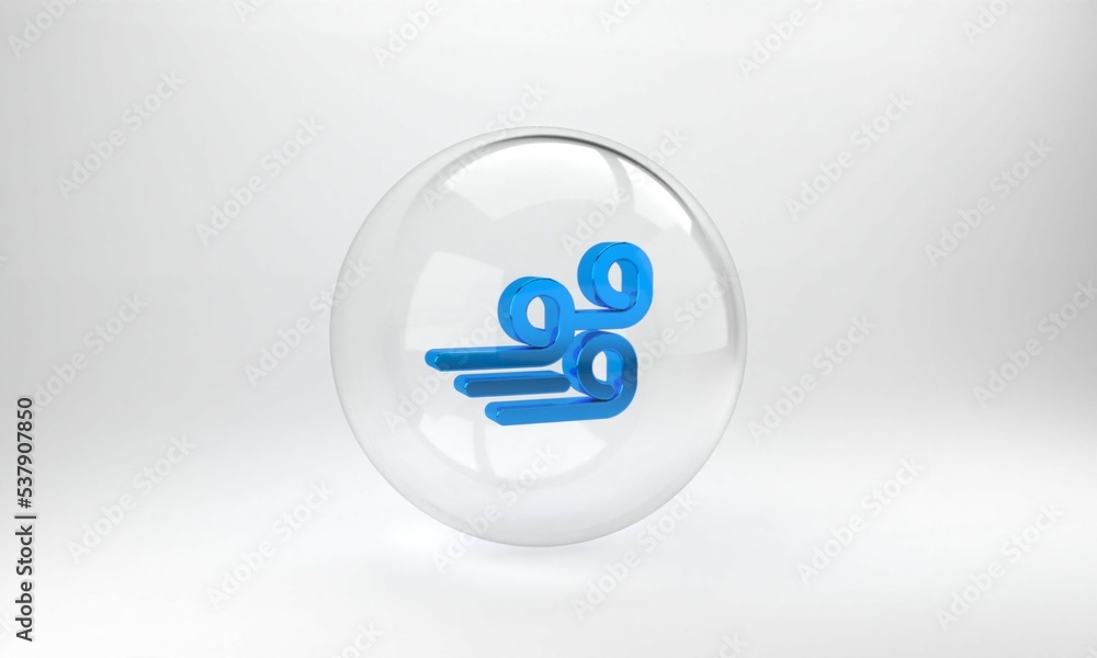 Blue Windy weather icon isolated on grey background. Cloud and wind. Glass circle button. 3D render 