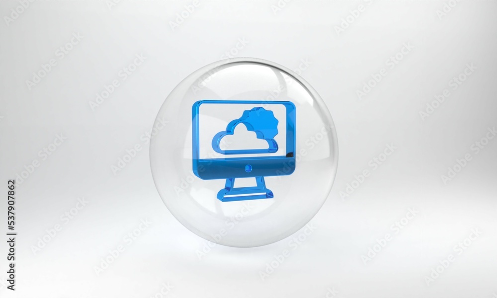 Blue Weather forecast icon isolated on grey background. Glass circle button. 3D render illustration