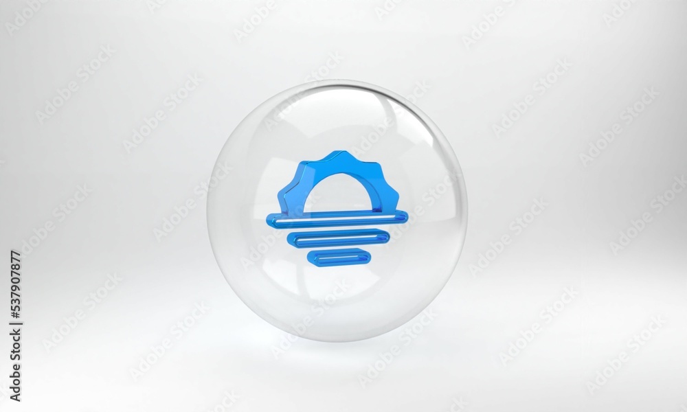 Blue Sunrise icon isolated on grey background. Glass circle button. 3D render illustration