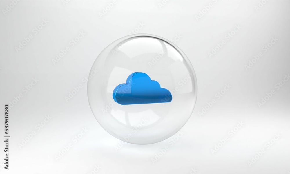 Blue Cloud icon isolated on grey background. Glass circle button. 3D render illustration