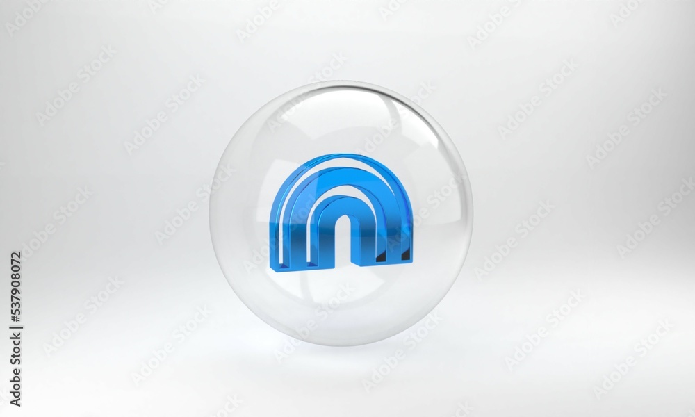 Blue Rainbow icon isolated on grey background. Glass circle button. 3D render illustration