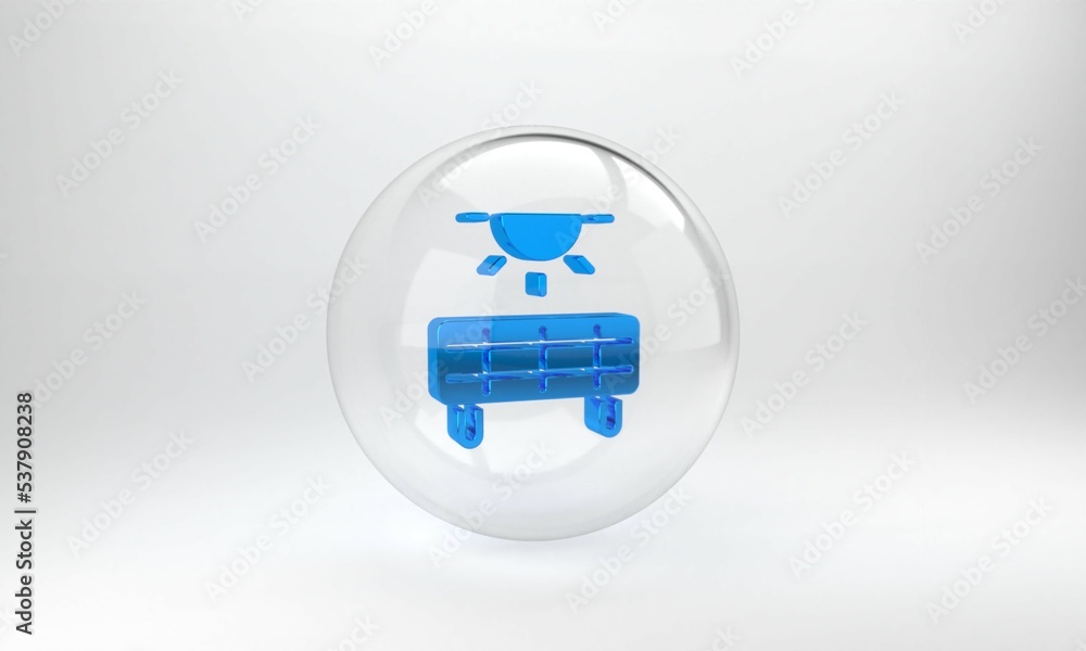 Blue Solar energy panel icon isolated on grey background. Glass circle button. 3D render illustratio