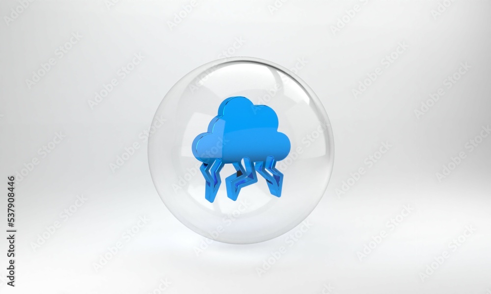 Blue Storm icon isolated on grey background. Cloud and lightning sign. Weather icon of storm. Glass 