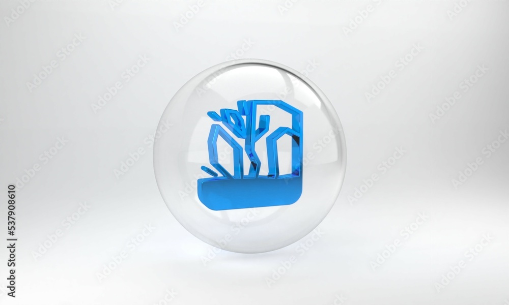 Blue Glacier melting icon isolated on grey background. Glass circle button. 3D render illustration