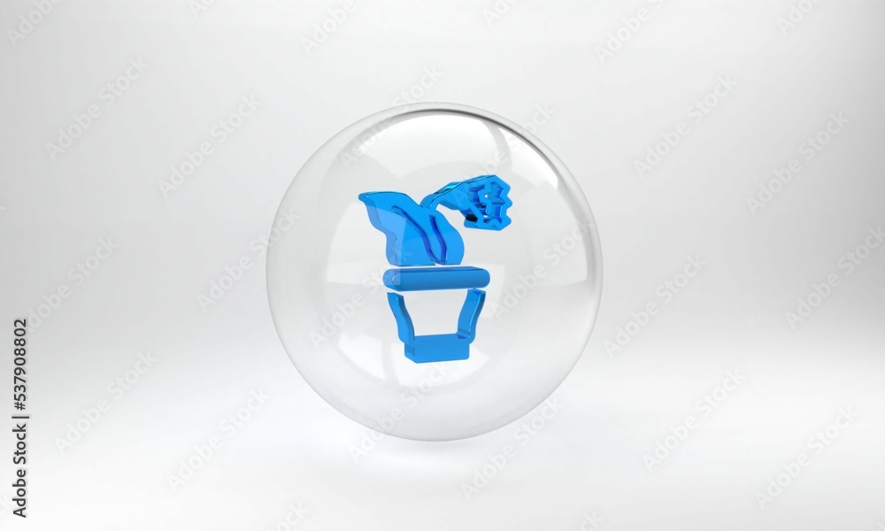 Blue Flower in pot icon isolated on grey background. Plant growing in a pot. Potted plant sign. Glas