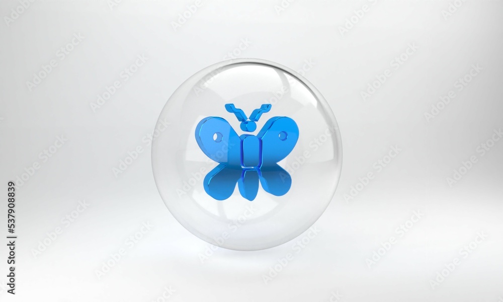 Blue Butterfly icon isolated on grey background. Glass circle button. 3D render illustration