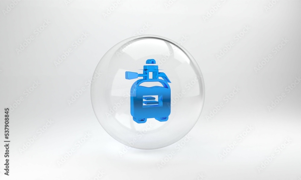 Blue Garden sprayer for water, fertilizer, chemicals icon isolated on grey background. Glass circle 