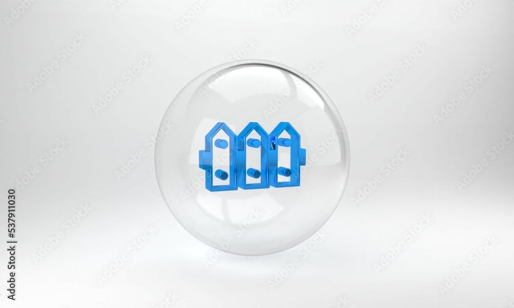 Blue Garden fence wooden icon isolated on grey background. Glass circle button. 3D render illustrati