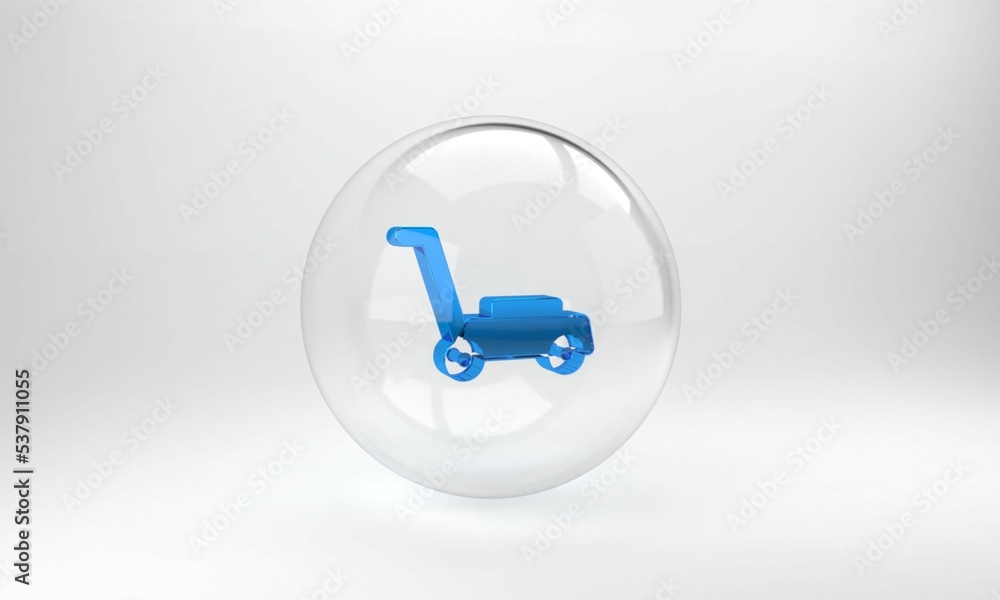 Blue Lawn mower icon isolated on grey background. Lawn mower cutting grass. Glass circle button. 3D 