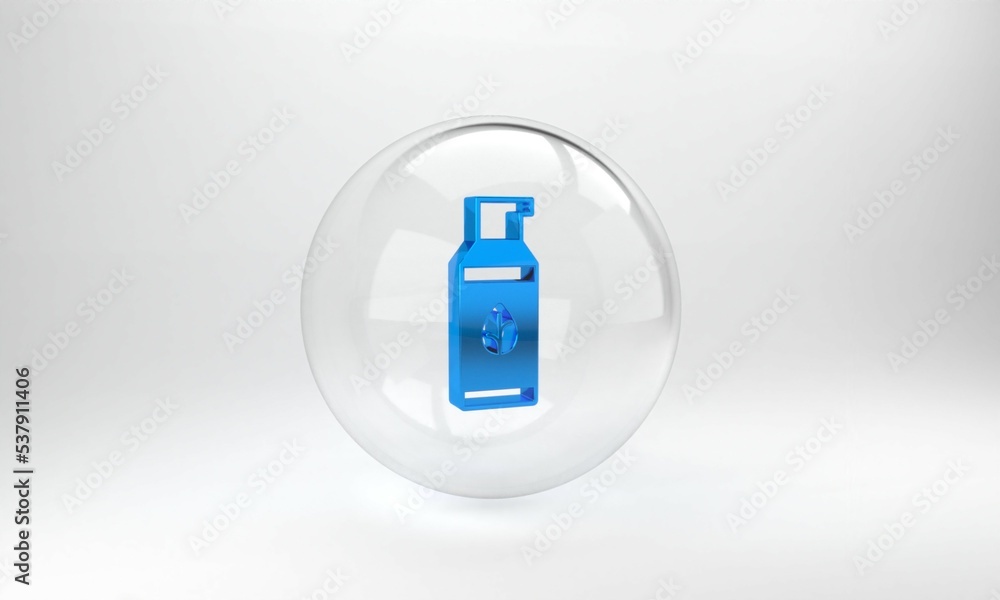 Blue Organic cosmetic icon isolated on grey background. Body care products. Glass circle button. 3D 