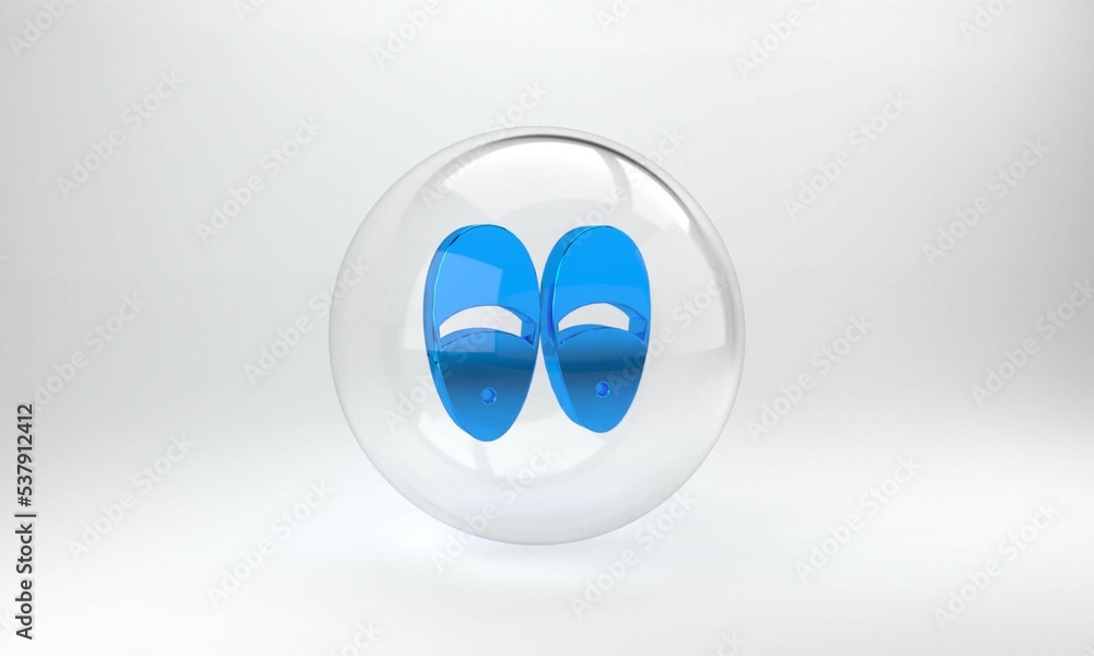 Blue Slippers icon isolated on grey background. Flip flops sign. Glass circle button. 3D render illu