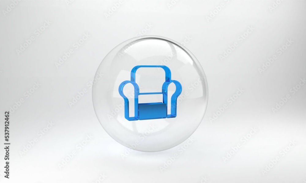 Blue Armchair icon isolated on grey background. Glass circle button. 3D render illustration