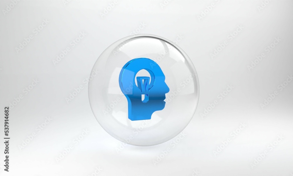 Blue Human with lamp bulb icon isolated on grey background. Concept of idea. Glass circle button. 3D