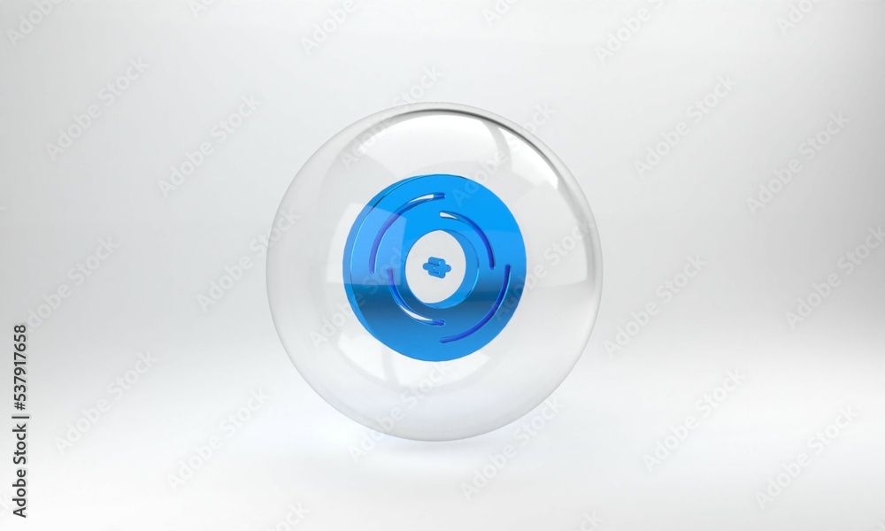 Blue Vinyl disk icon isolated on grey background. Glass circle button. 3D render illustration