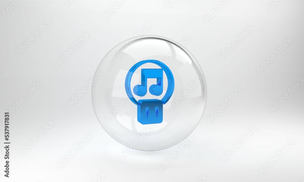 Blue Pause button icon isolated on grey background. Glass circle button. 3D render illustration