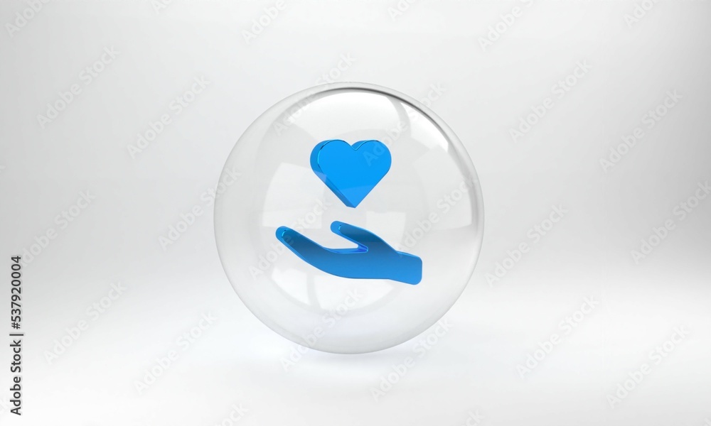 Blue Heart in hand icon isolated on grey background. Hand giving love symbol. Valentines day symbol.