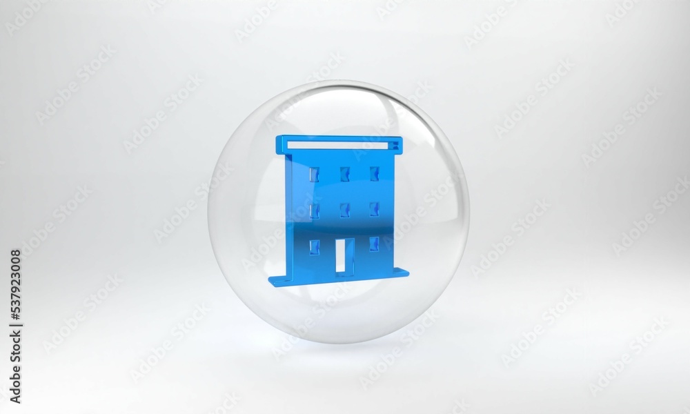 Blue Multi storey building icon isolated on grey background. Glass circle button. 3D render illustra