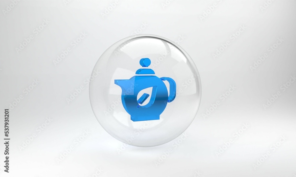 Blue Teapot with leaf icon isolated on grey background. Glass circle button. 3D render illustration