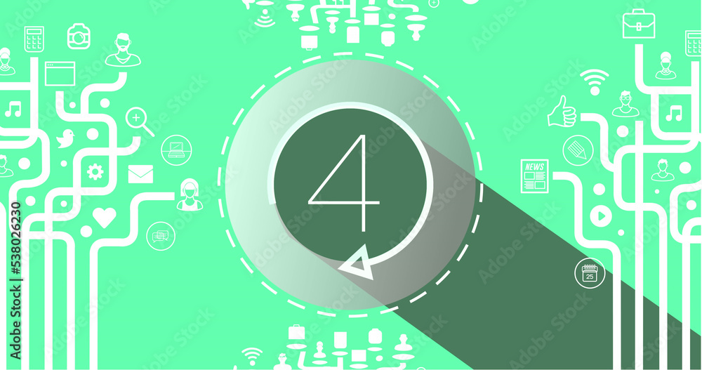 Illustration of 4 number in circle with loading arrow and application icons with lines