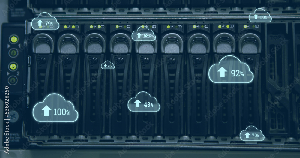 Composite of arrows with numbers and percentage in clouds over back panel of system