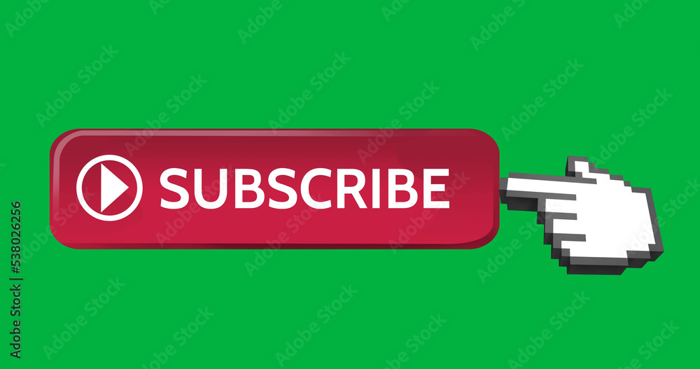 Illustration of hand pointing on red bar with subscribe text against green background, copy space