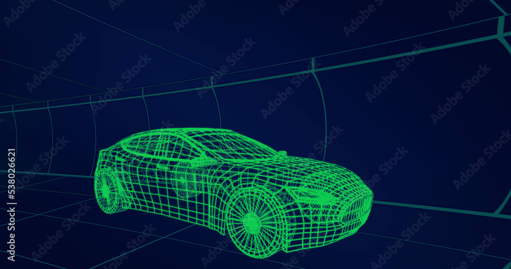 蓝色背景下绿色网格图案的3d模型车插图，复制空间