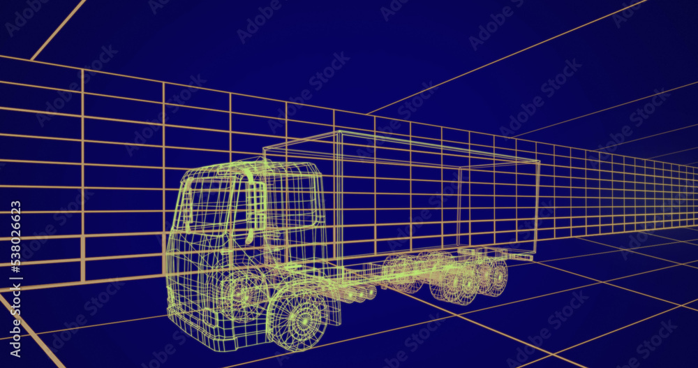 蓝色背景下网格图案上卡车的三维模型插图，复制空间