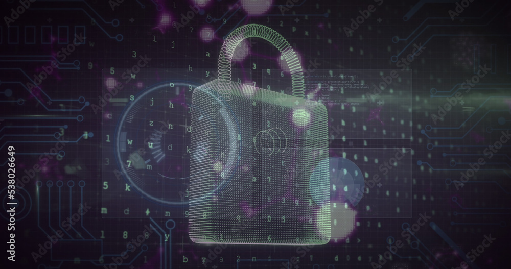 Illustration of radar and padlock with number and letters against circuit board pattern