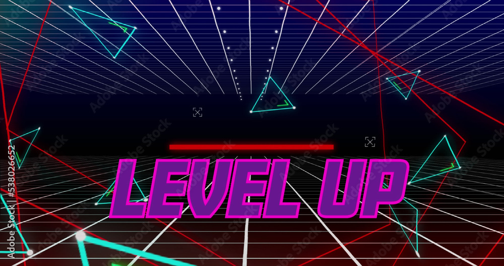 Illustration of level up text with geometric shapes and grid pattern against blue background