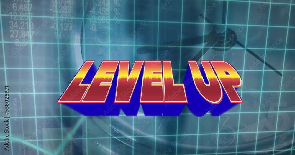 Composite of level up text with grid pattern and numbers over clock in background, copy space