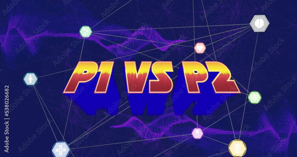 Illustration of p1 vs p2 text and hexagon connected with lines over abstract pattern