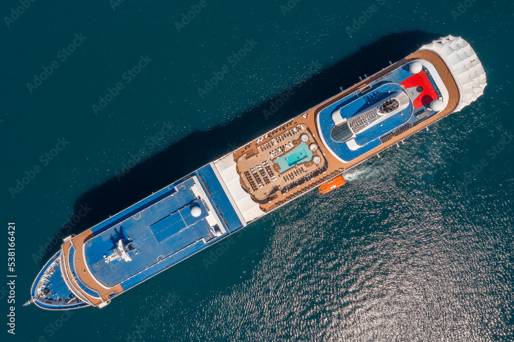 Top view of anchored cruise ship