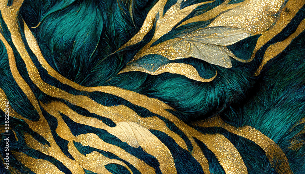 Spectacular abstract concept design features teal and gold fur and pelts that are arranged in a patt