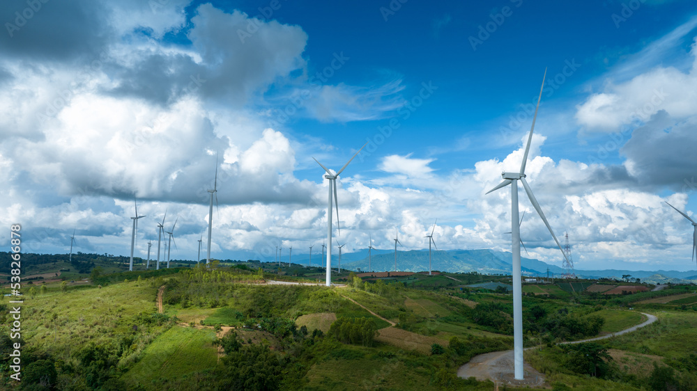 Wind Turbines Windmill Energy Farm, Windmill on blue sky puffy clouds Alternative energy sources. Re