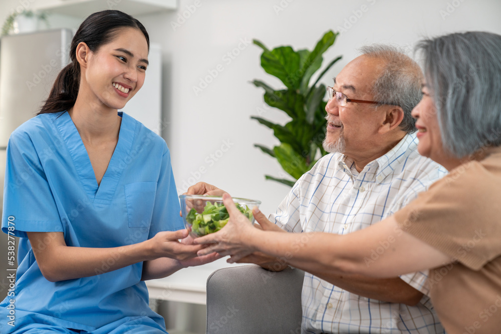 一名女护士为一对心满意足的老年夫妇端上一碗沙拉。医疗保健和医疗助理