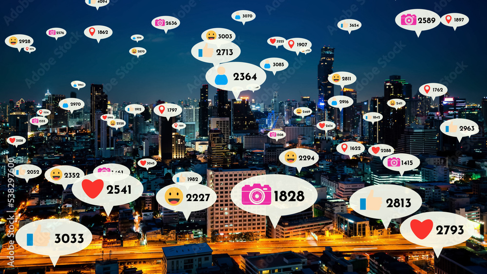 Social media icons fly over city downtown showing people reciprocity connection through social netwo