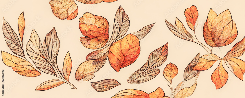 Spectacular multicolored leaves in an autumn design of digital 3D art illustration for abstract back